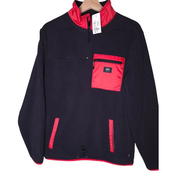 Vans Other - Vans Mens Black & Red Fleece Pullover Jacket Small Half-Zip Chest Pocket Drawstr